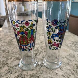 Colorful Folk Art Glasses with Gold Rim